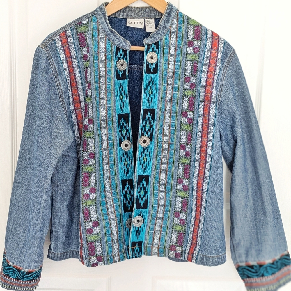 Chico's Multicolor Embroidered Jean Jacket Size 2